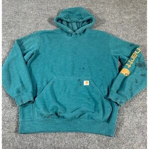 Carhartt Hoodie Mens M Medium Blue Sweatshirt Sleeve Hit Loose Fit Stained Work